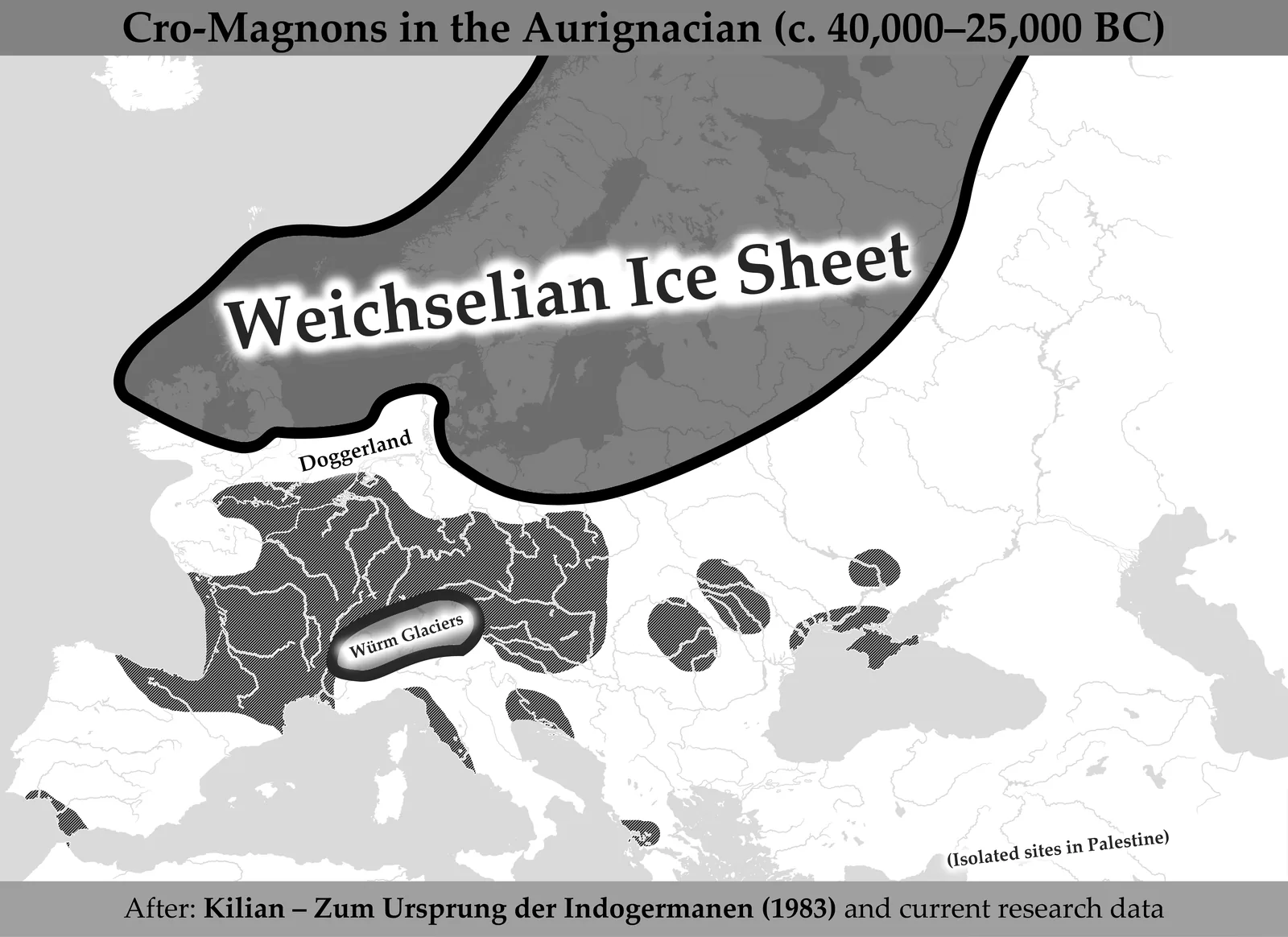 Europe during the last glaciation: the Weichselian ice sheet covering Scandinavia and the Baltic, Doggerland dry land between Britain and the continent, and the range of Aurignacian settlement across western and central Europe.