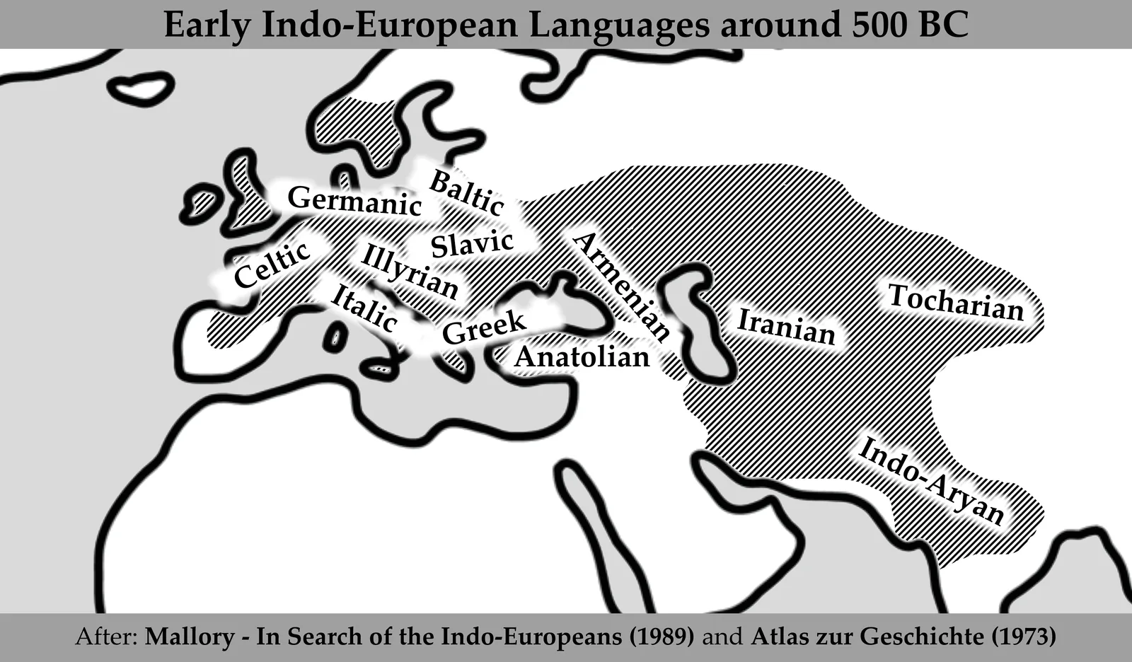 Europe, the Near East and inner Asia around 500 BC, with the areas held by the Germanic, Baltic, Slavic, Celtic, Italic, Illyrian, Greek, Anatolian, Armenian, Iranian, Tocharian and Indo-Aryan branches.
