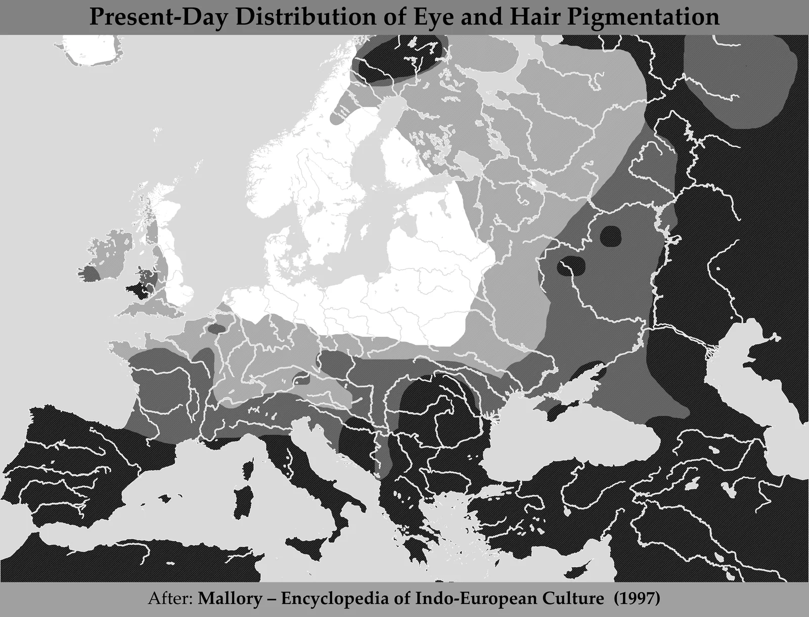 A shaded map of Europe and western Asia showing how lightly and darkly pigmented eyes and hair are distributed in present-day populations, with the lightest values around the Baltic.