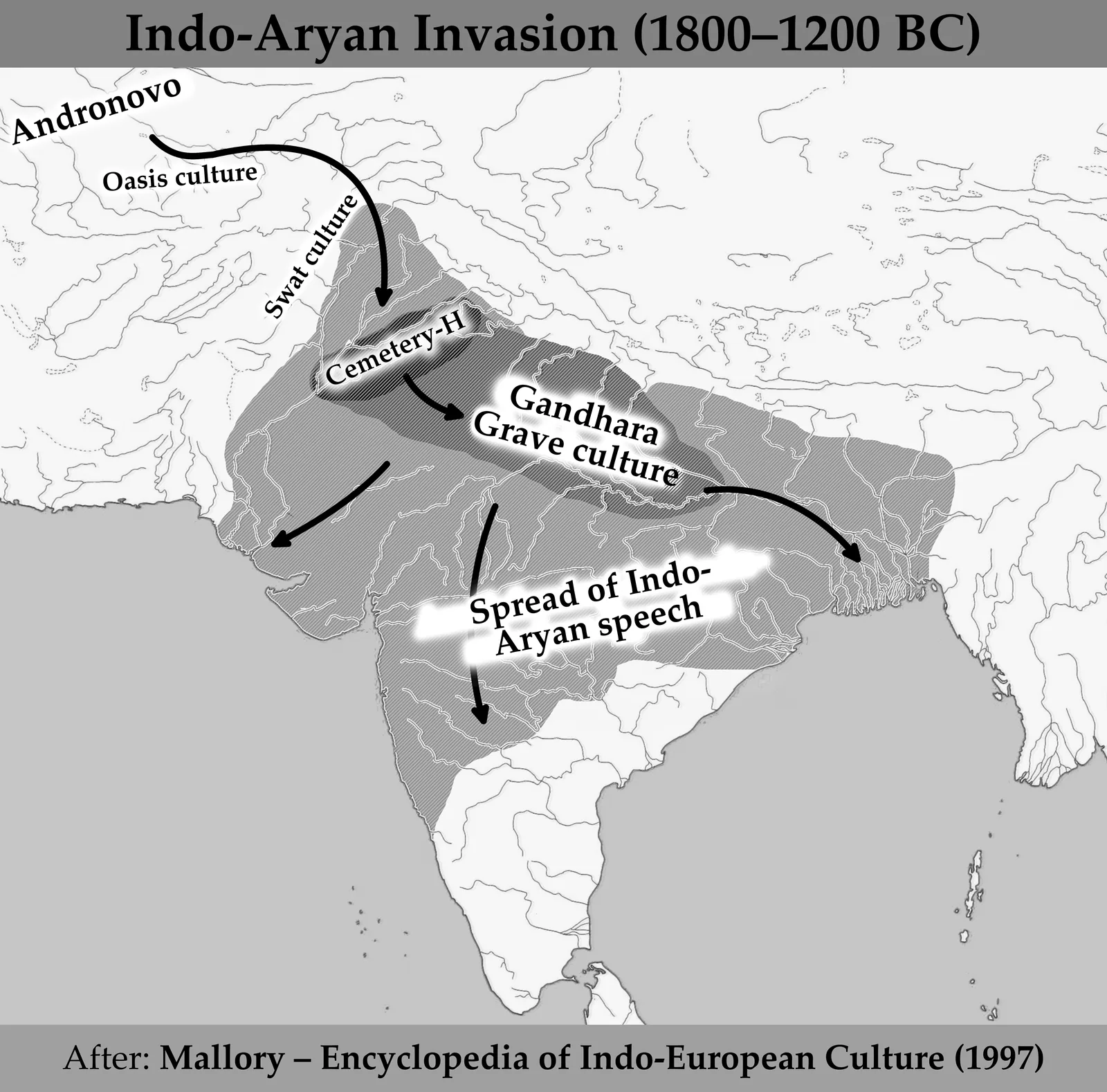 Central and South Asia between 1800 and 1200 BC, with the Andronovo and Oasis cultures to the north, the Gandhara Grave and Cemetery H cultures in the north-west, and arrows showing Indo-Aryan speech spreading across the subcontinent.