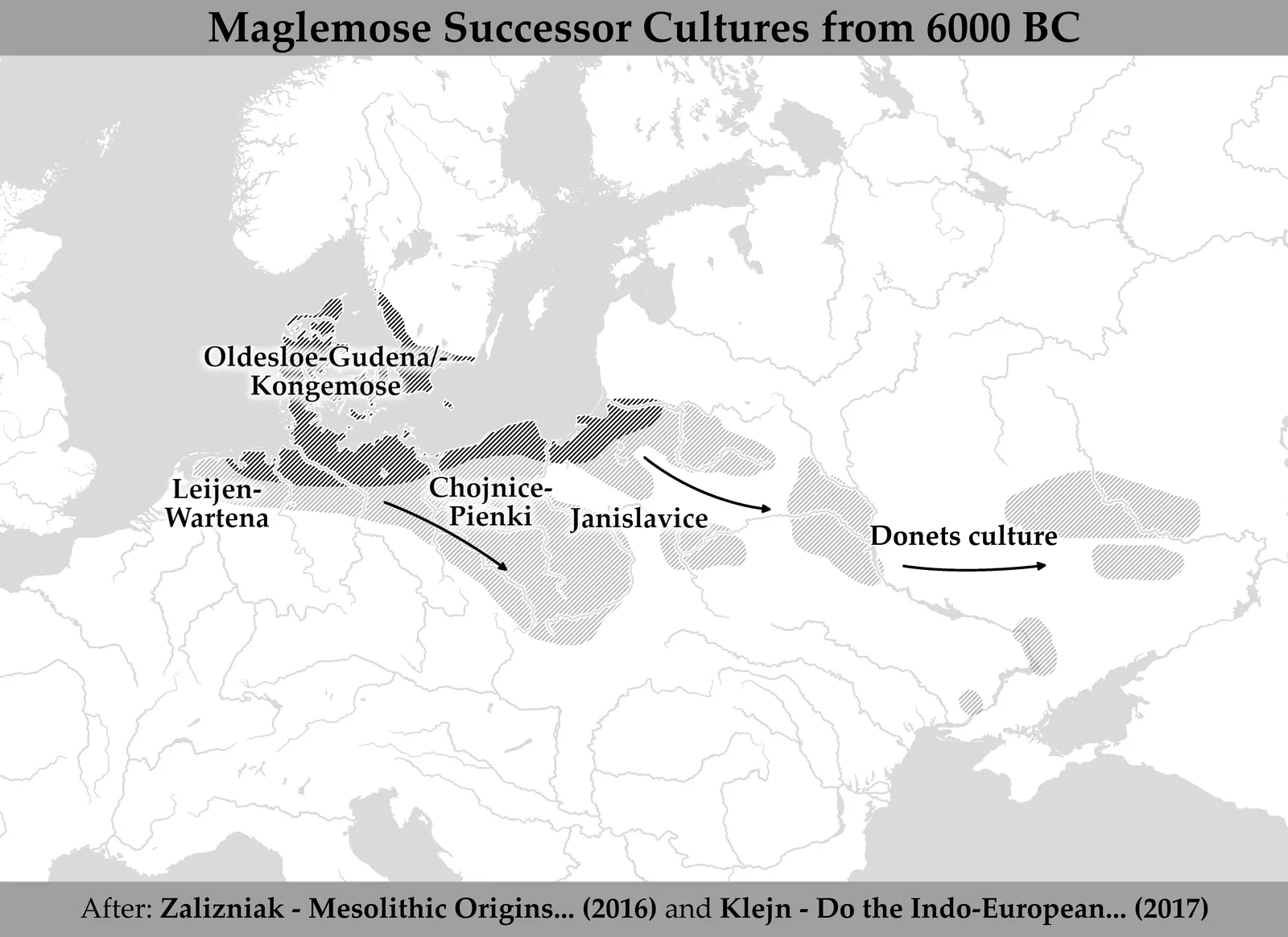 The North European Plain and the lands east of it, showing Mesolithic culture areas from the Netherlands to the Donets and arrows tracing their spread eastwards.